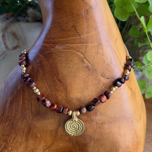 Tiger Eye and Brass Crystal Layer Necklace