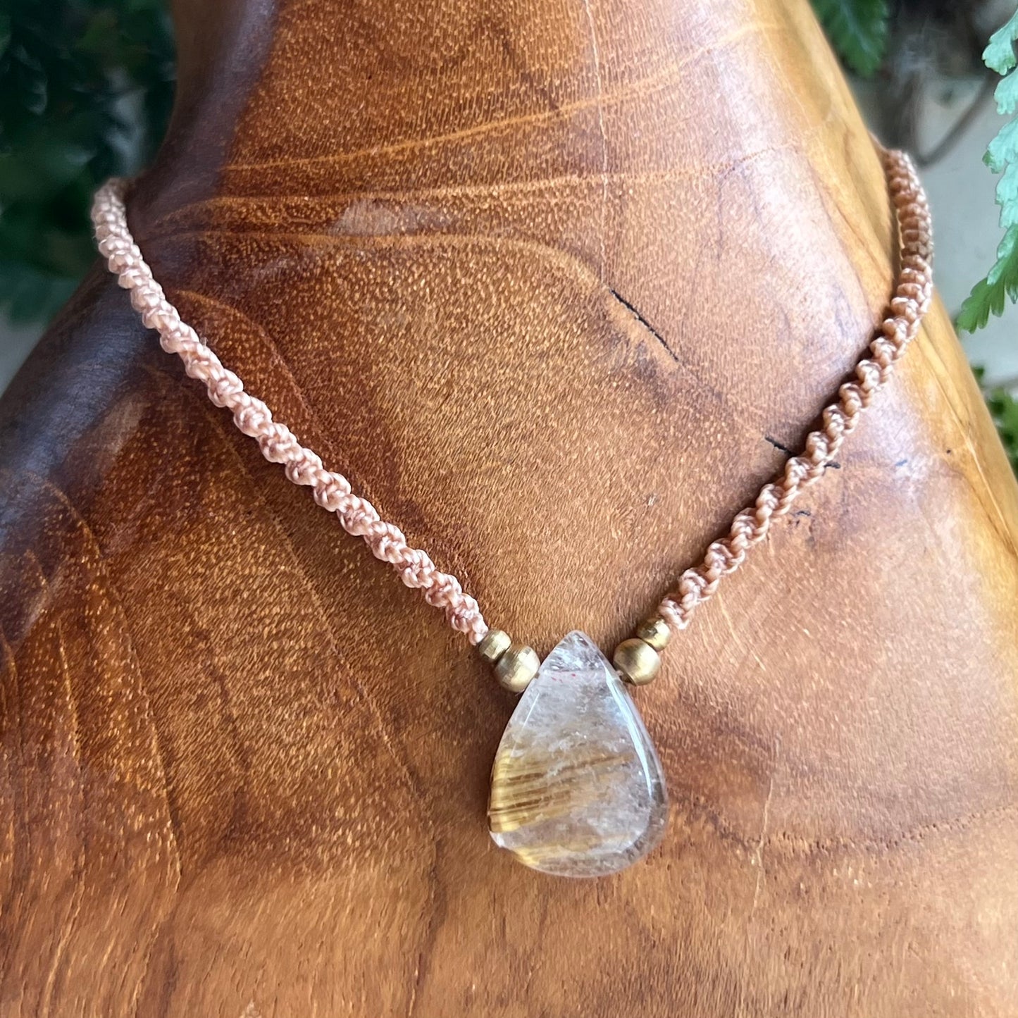 Gold Rutilated Quartz with Brass Petite Macrame Crystal Necklace