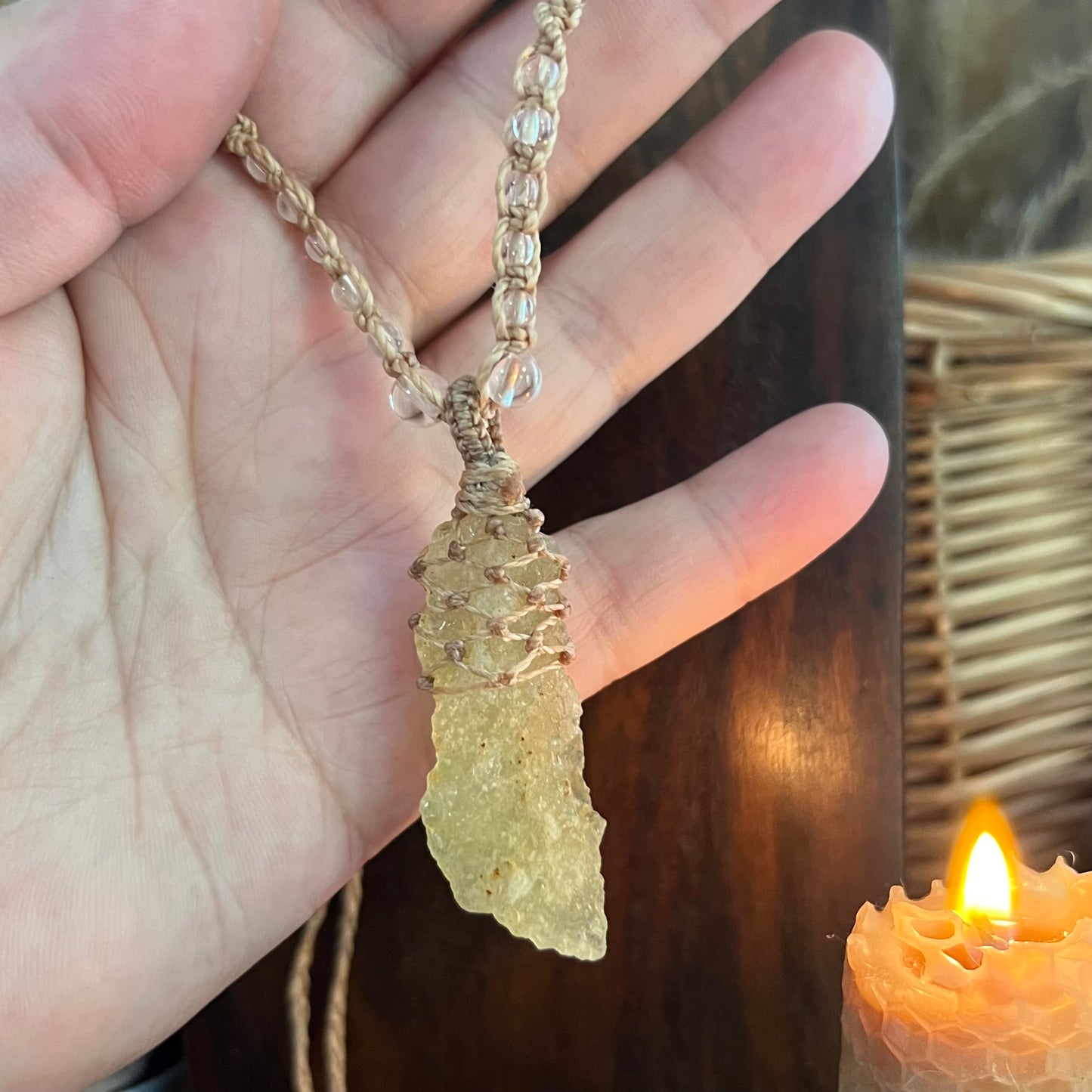 Libyan Desert Glass Tektite Crystal Macrame Talisman (i)