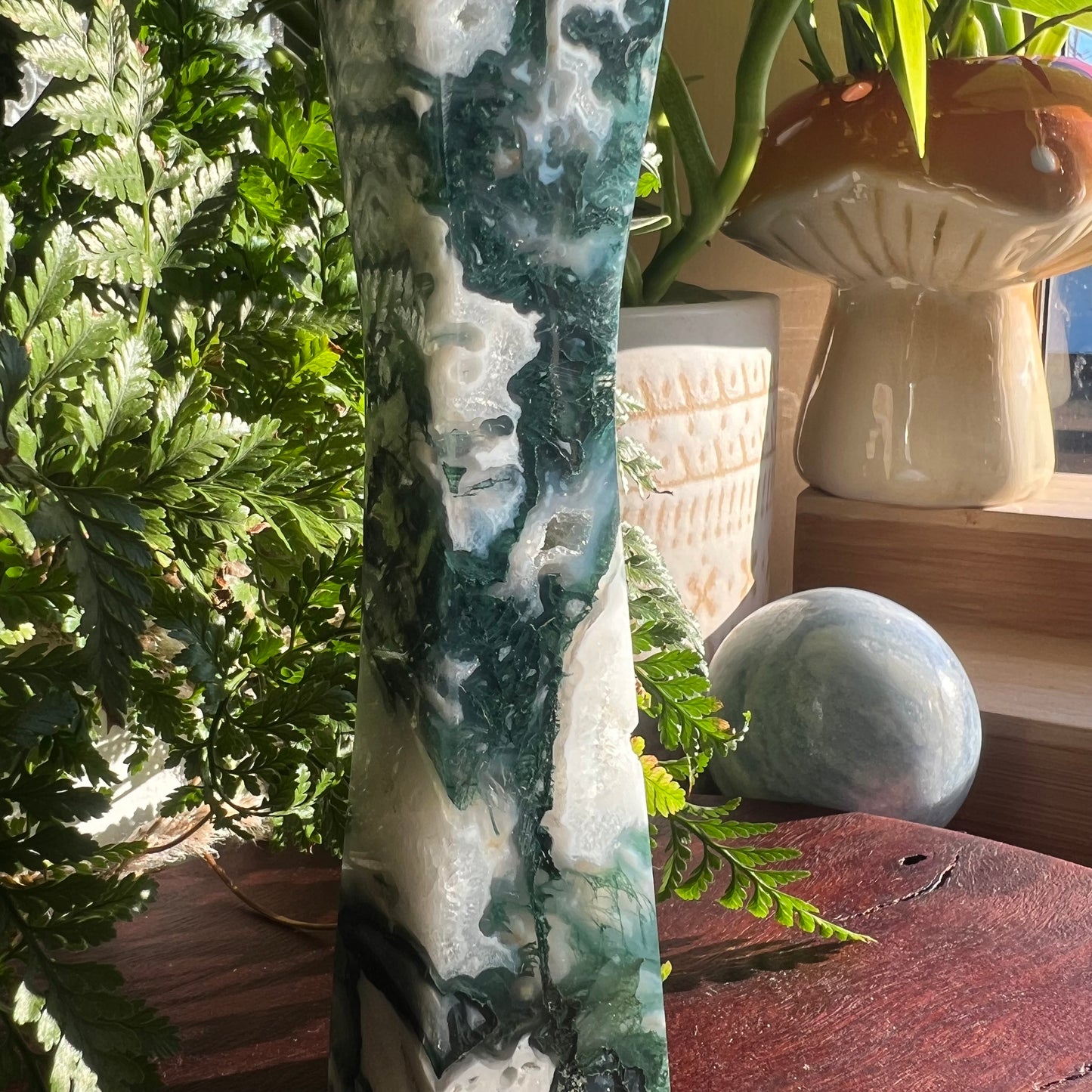 Moss Agate Canton Tower with sparkly druzy pockets