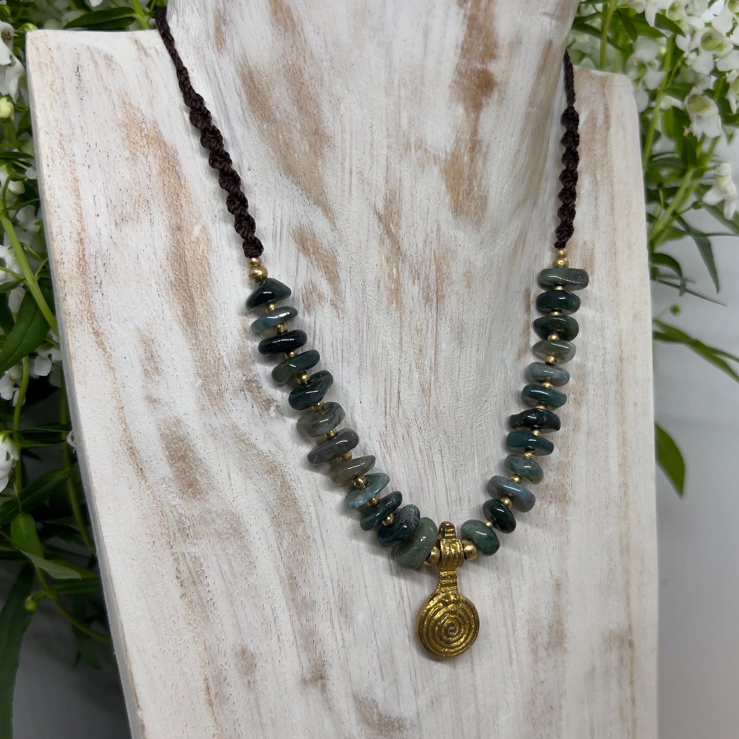 Moss Agate & Brass Beaded Necklace