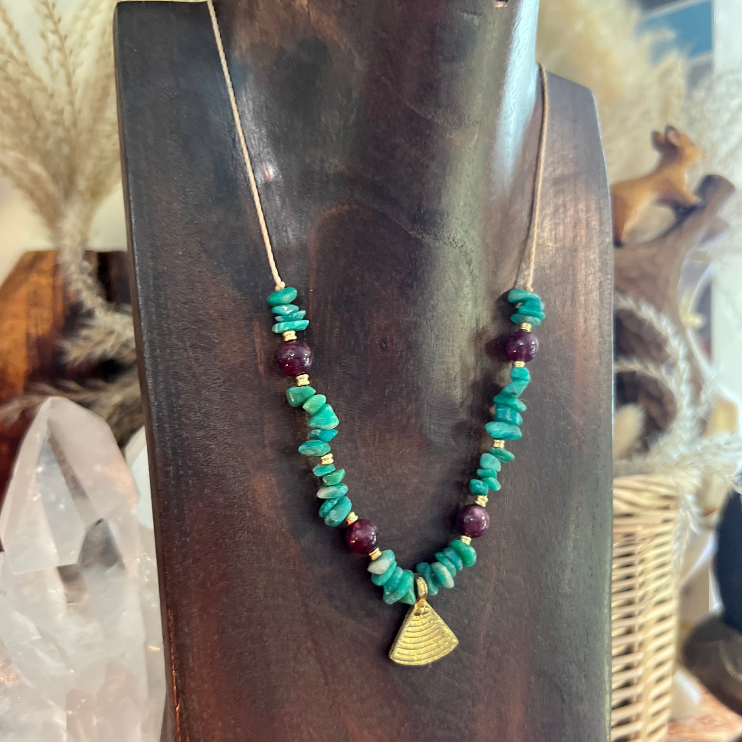 Amazonite & Dyed Agate with Brass charm Layer Crystal Necklace: