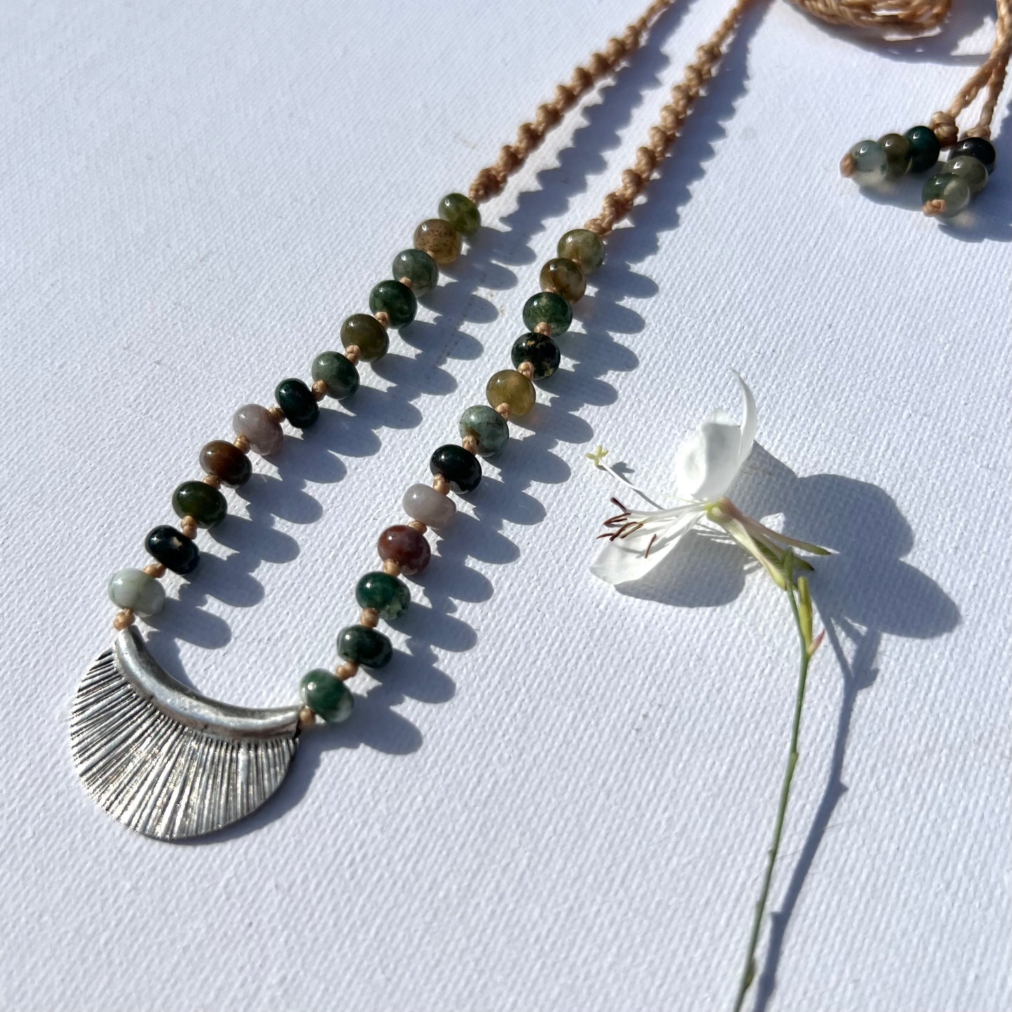 Moss Agate & Karen Hill Tribe Silver Pendant Macrame Necklace