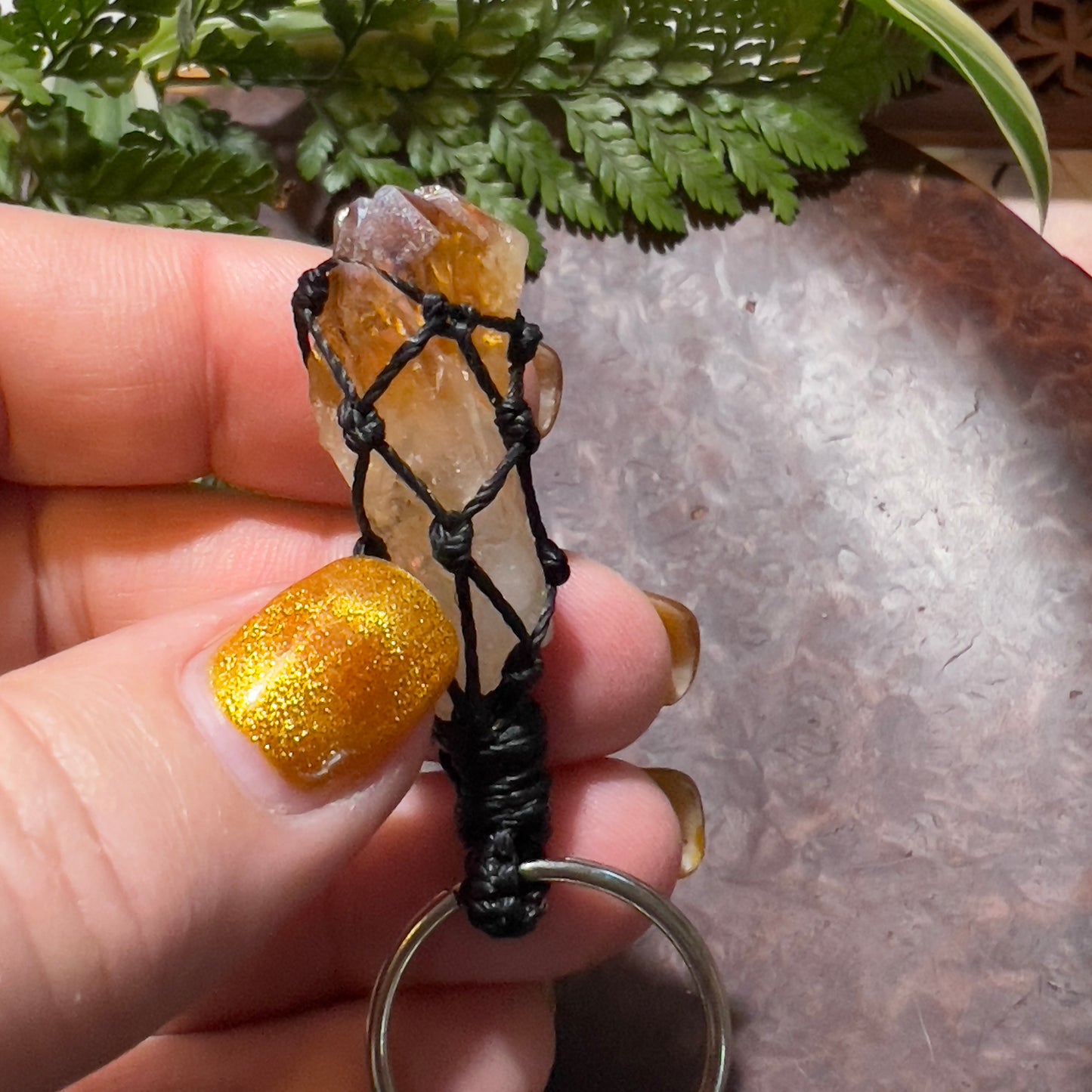 Citrine Point Crystal Macrame Keychain | Crystal Charm for Pet Collar