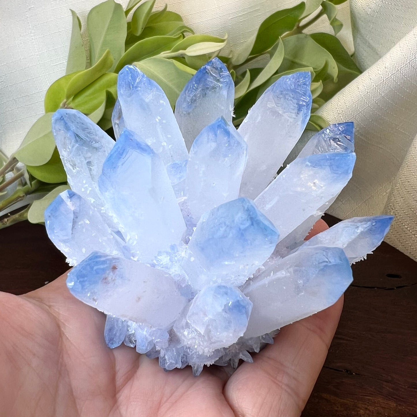 Blue tipped Clear Quartz Synthetic Crystal Cluster - Lab grown Dumortierite inclusion Quartz specimen