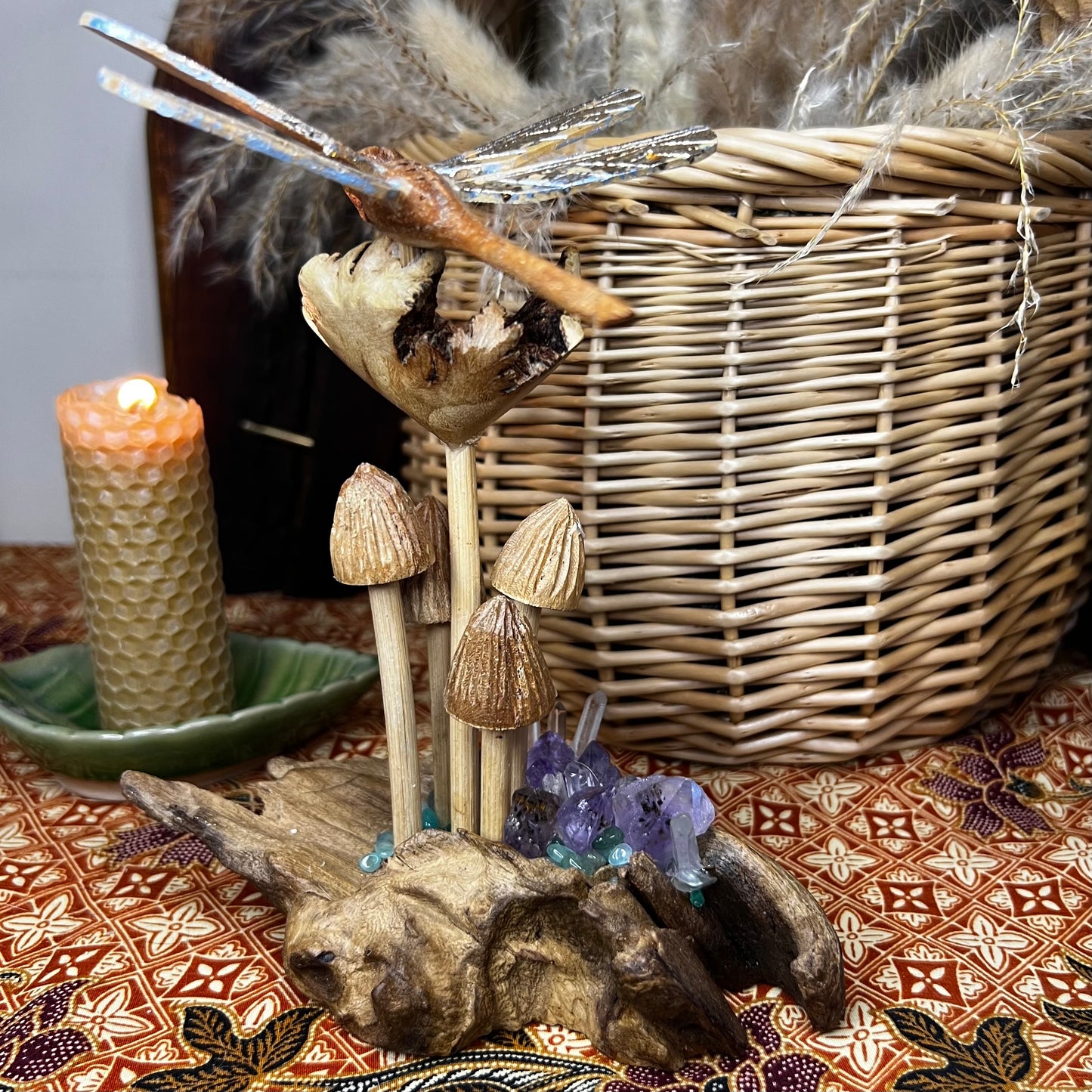 Bespoke Crystal & Wooden Burl Mushroom & Dragonfly Display - Amethyst | Quartz | Dyed Agate