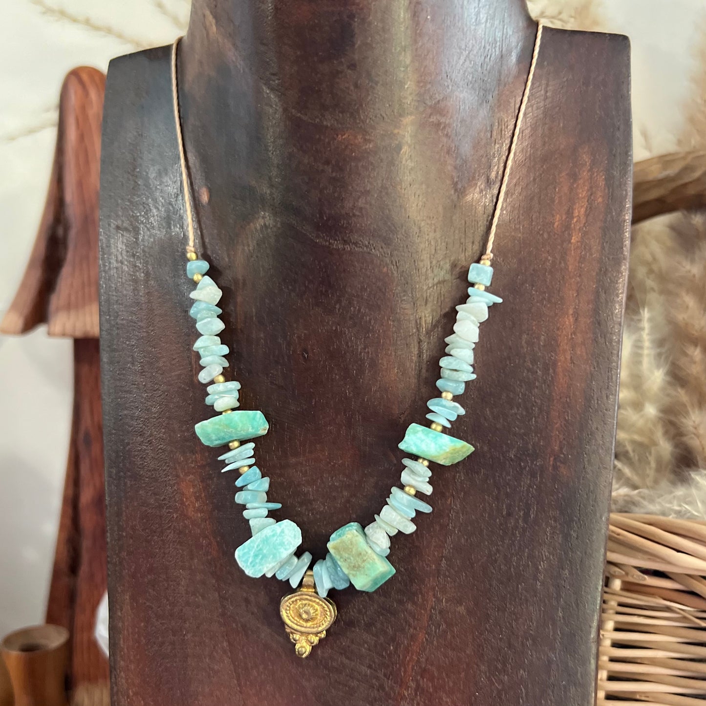 Amazonite with Brass charm Layer Crystal Necklace