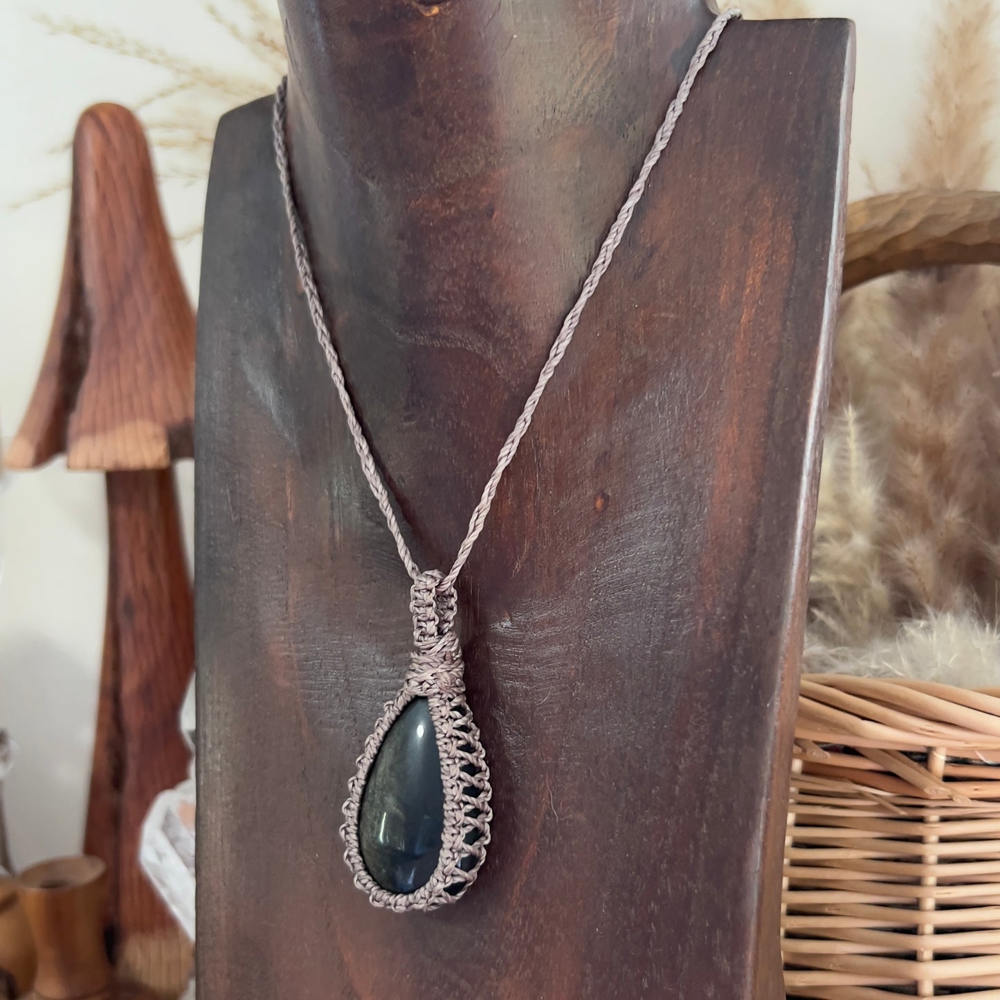 Golden Sheen Obsidian Macrame Necklace