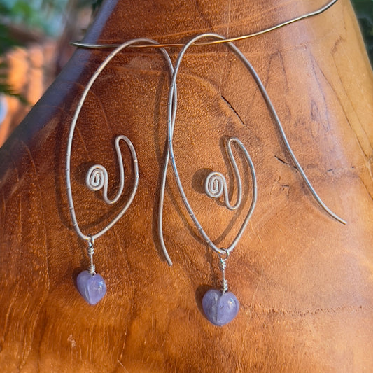 Carved Tanzanite Heart Crystal Earrings on artistic Sterling Silver Hooks