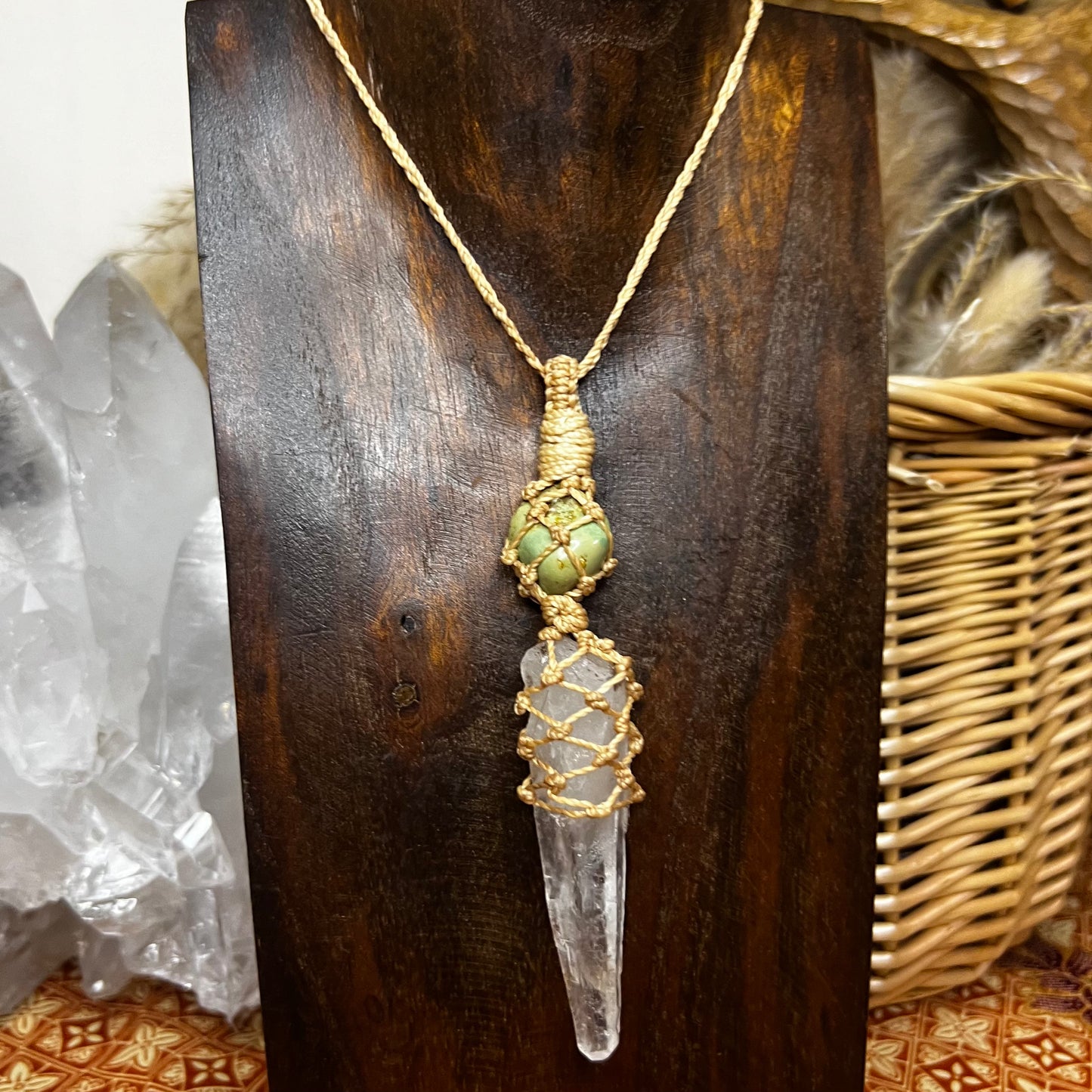Lemurian Quartz with Arizona Turquoise Macrame Necklace Talisman