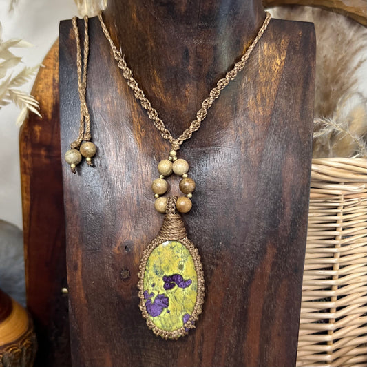 Macrame Necklace with large Tasmanian Atlantisite pendant and polished wood beading woven into Pahla tone Linhasita cording - Adjustable, comfortable Boho jewellery