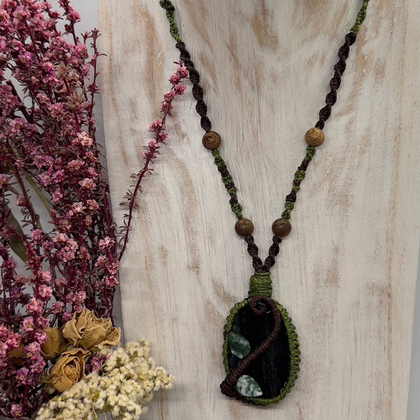 ‘Ivy’ Talisman: Tourmaline with Moss Agate & Natural Wood