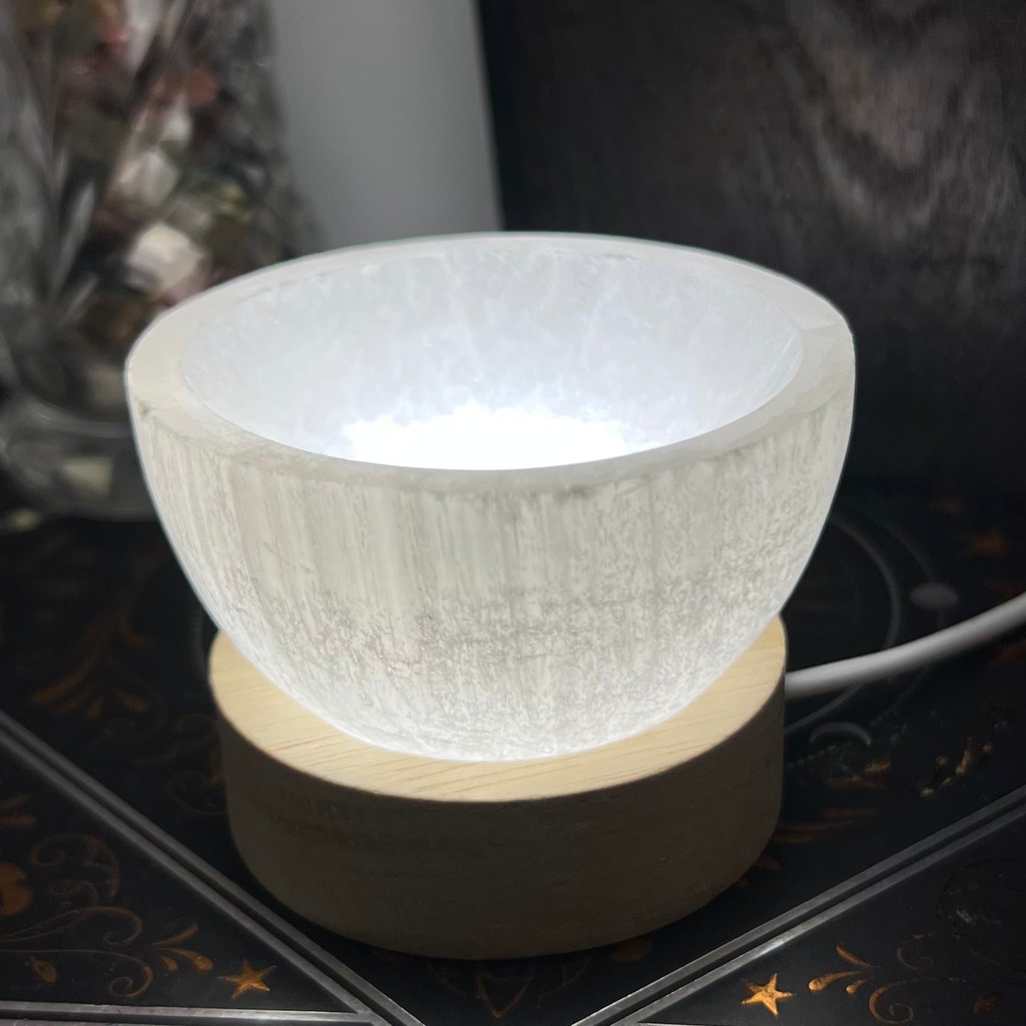 Selenite Bowl on Wood USB Light Base