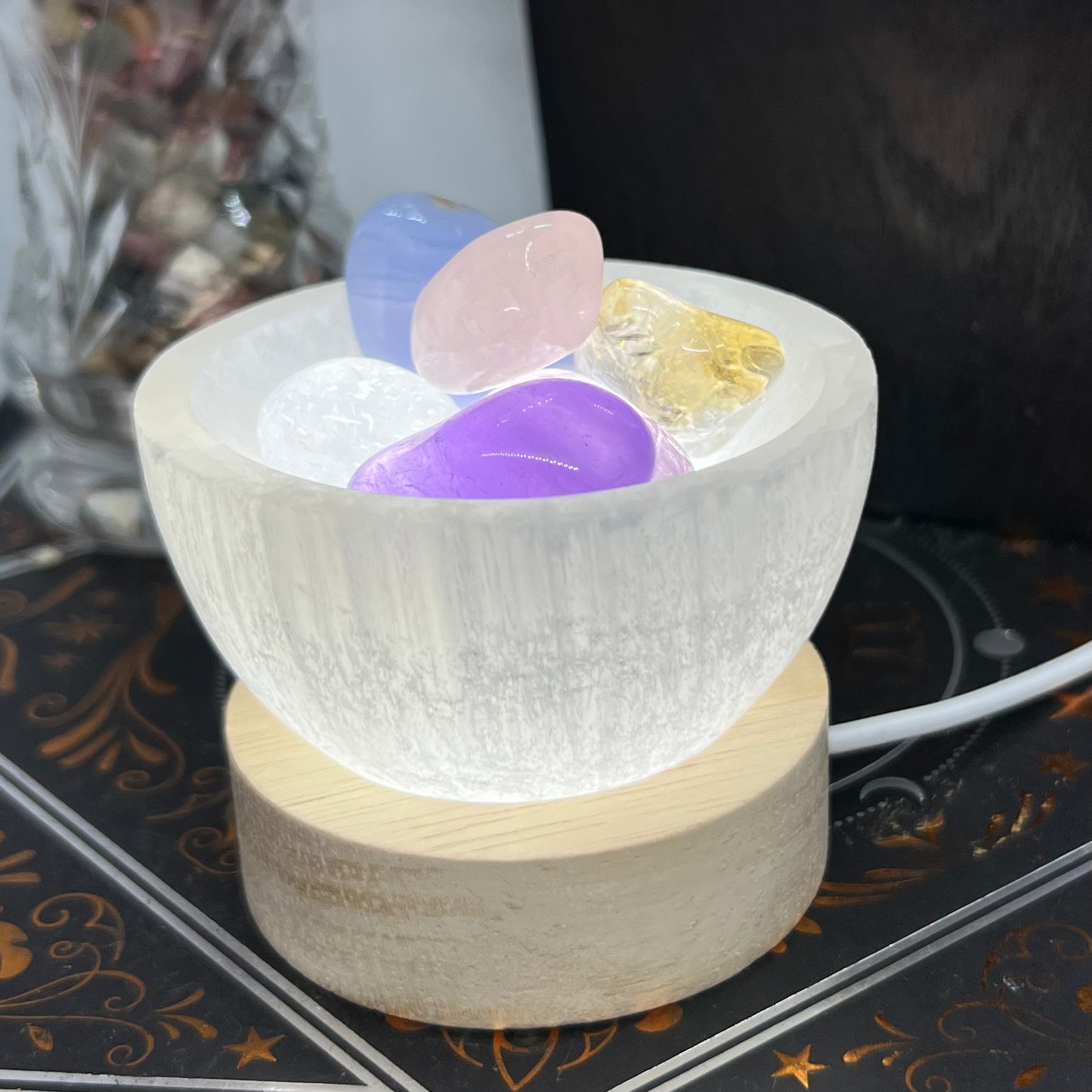 Selenite Bowl on Wood USB Light Base