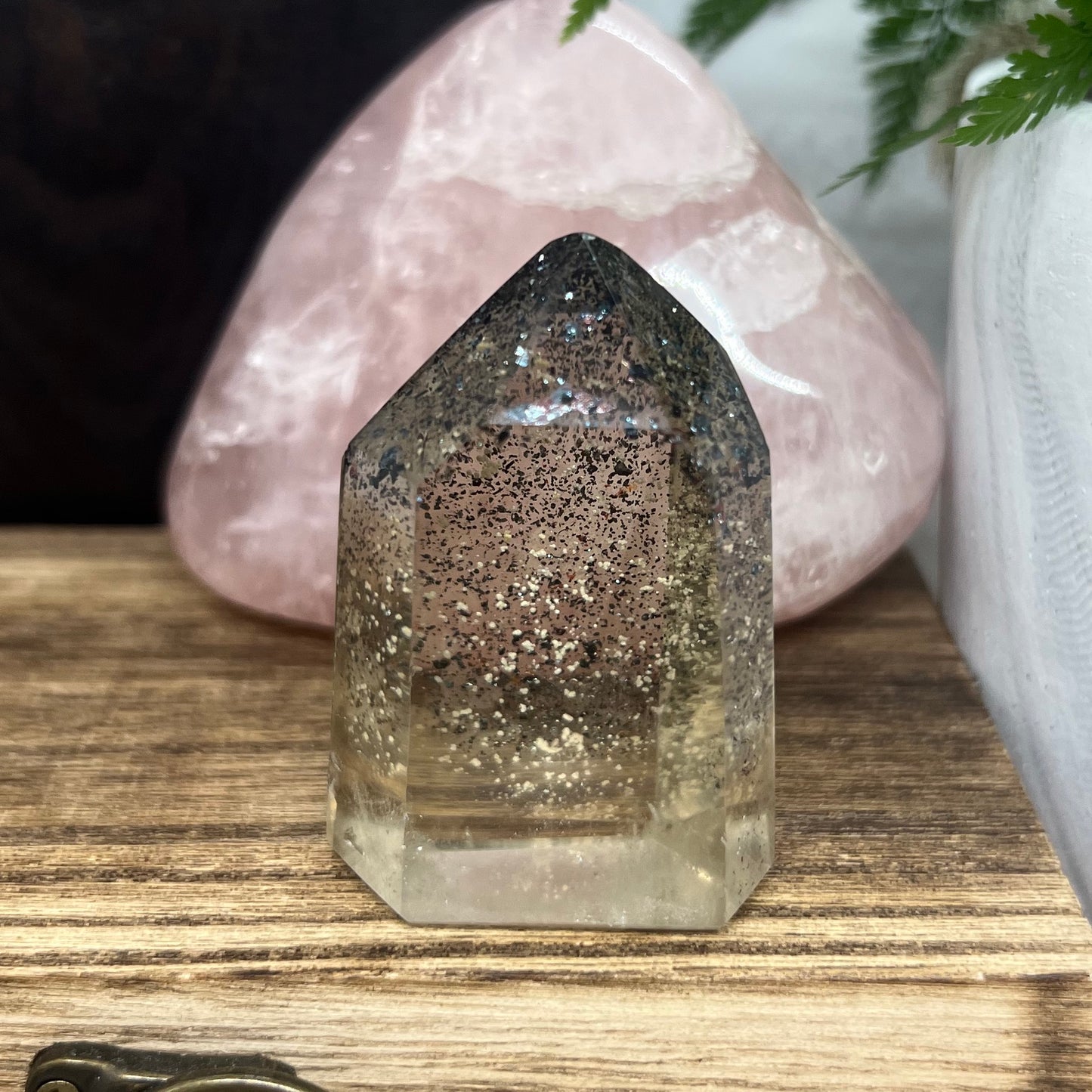 Harlequin Quartz Point - 96g - Gentle Smoky tones with incredible inclusions and clarity.