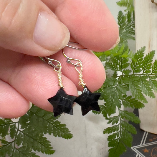 Black Obsidian Carved Stars Earrings