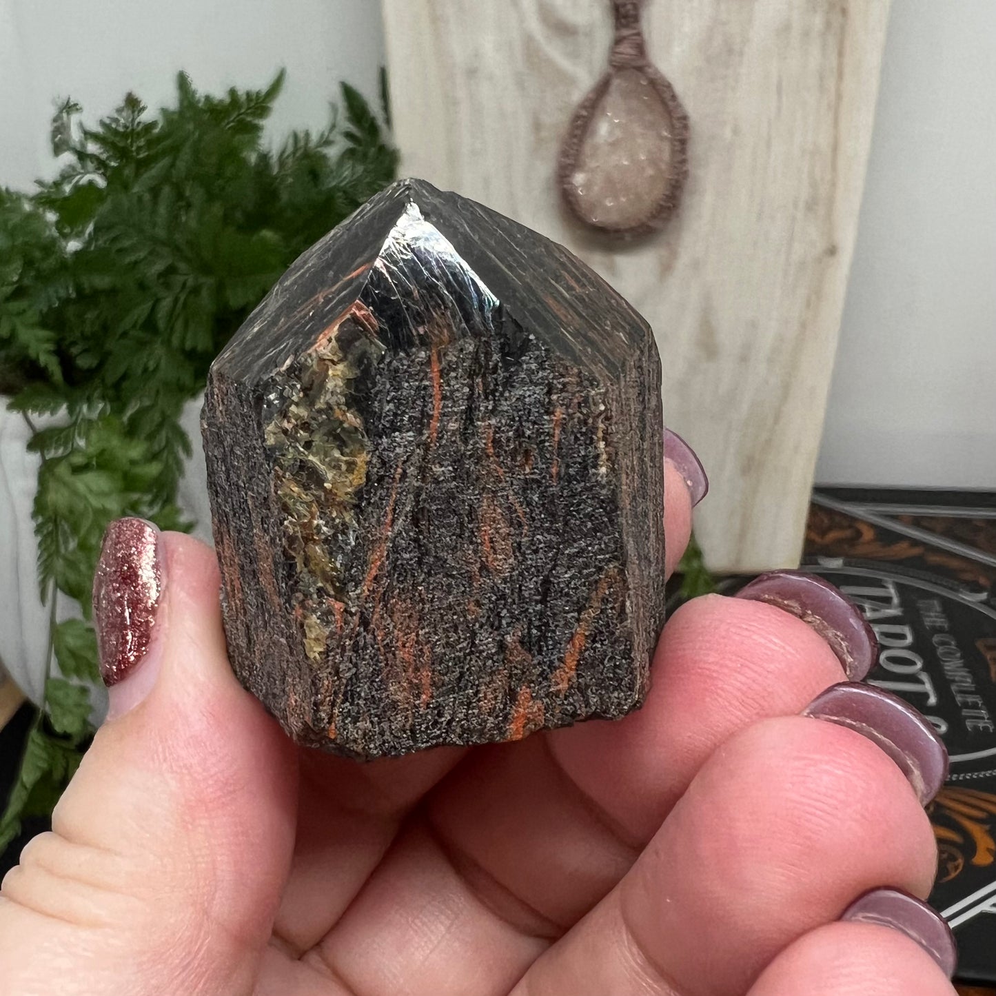 Black Tourmaline Point with rusty Red Hematite inclusions