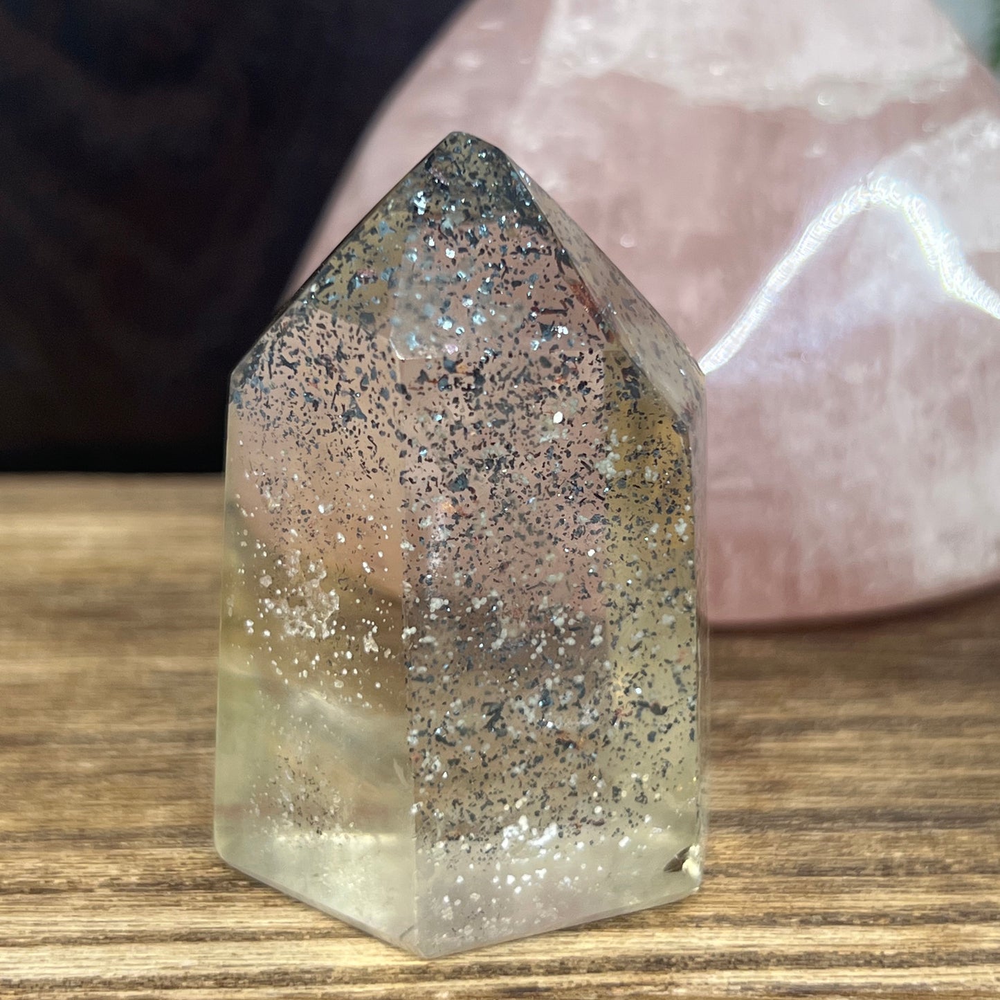 Harlequin Quartz Point - 96g - Gentle Smoky tones with incredible inclusions and clarity.