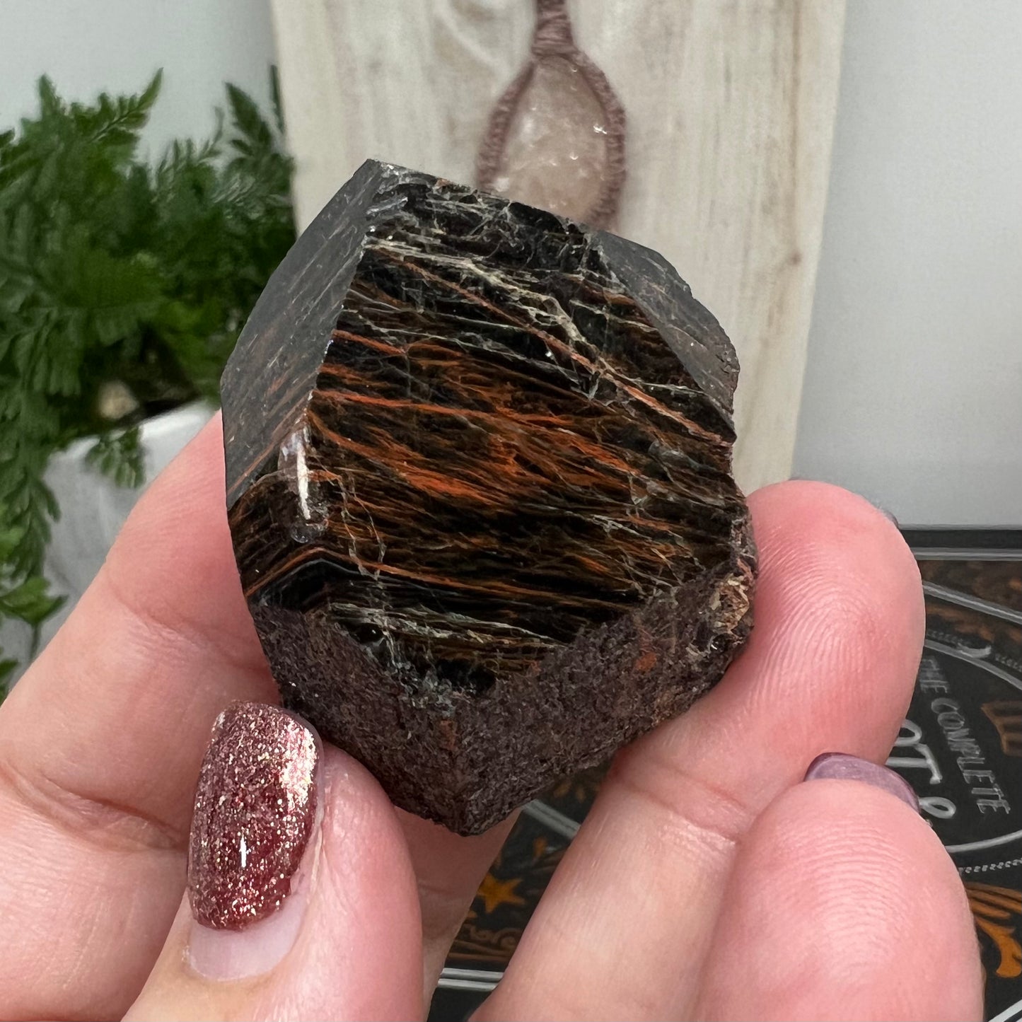 Black Tourmaline Point with rusty Red Hematite inclusions